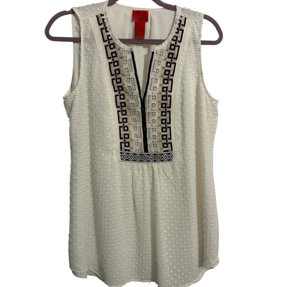 V Cristina Sleeveless Blouse Women Ivory Swiss Dot Embroidery Boho Chic L